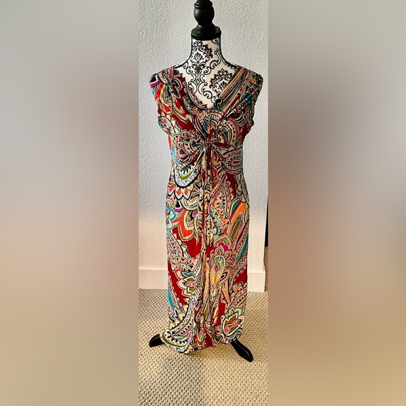 KATE & MALLORY Multicolor Front Knot V-Neck Sleeveless Long Maxi Dress Sz M - Picture 4 of 10